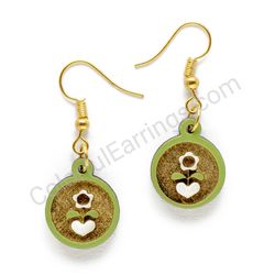 Folk Flower From Heart Green, Small Size, Circle Wooden Earrings