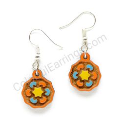 Mandala Orange - Blue - Yellow, Small Size, Decagon Wooden Earrings